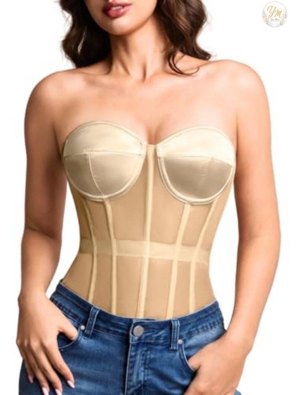 Strapless Mesh Corset Top Padded Lace-Up Bustier Sheer Women's Party